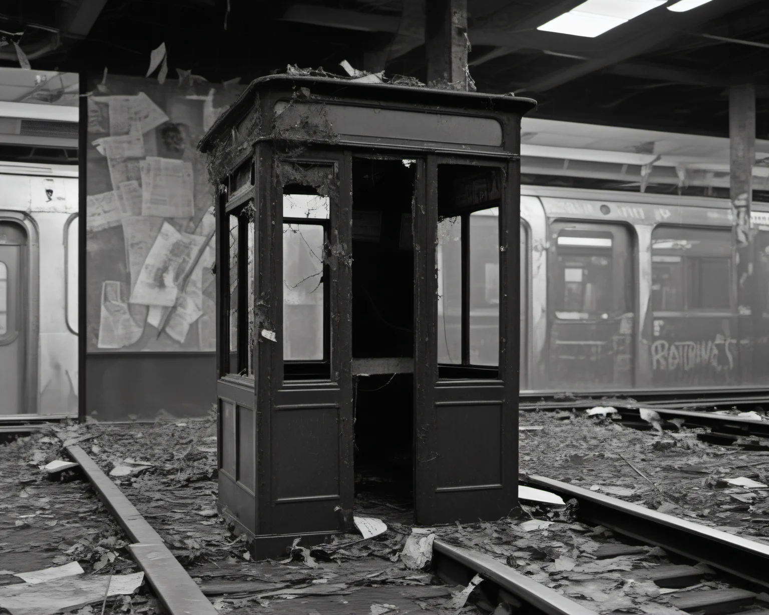 inside a post-apocalyptic subway station, empty overgrown platform, rusted train, shattered ticket booth, torn subway map.  , by Robert Frank, SZ_4poXL enviroment   <lora:Post ApocalypticXL_v2:0.6>