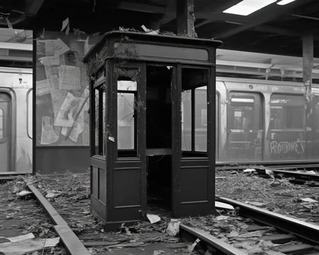 inside a post-apocalyptic subway station, empty overgrown platform, rusted train, shattered ticket booth, torn subway map.  , by Robert Frank, SZ_4poXL enviroment   <lora:Post ApocalypticXL_v2:0.6>