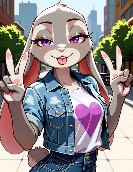 masterpiece, best quality, very aesthetic, absurdres,
outdoors,
upper body, tongue out, double v,
t-shirt, denim jacket,
seductive smile, parted lips, long eyelashes,
<lora:Judy_Hopps_v01_NAIXL:1>
Jud7H00ps,1girl,solo,furry,furry female, rabbit girl, rabbit ears,purple eyes,animal nose,body fur,grey fur,rabbit tail,