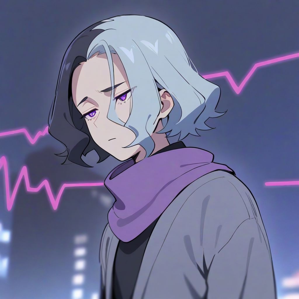 masterpiece, best quality, aesthetic, high quality, solo, 1boy, male focus, short hair, white hair, black hair, two-tone hair, multicolored hair, purple eyes, half-closed eyes, boush, heartbeat, electrocardiogram, black shirt, grey cardigan, outdoors, looking away, tsundere, purple scarf,