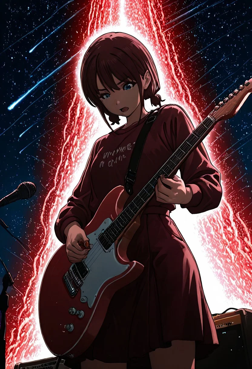 Smooth Quality, 1girl,nina_iseri, solo, mature, instrument, microphone, meteor shower, starry sky, music, guitar, holding instrument, electric guitar, facing down, holding plectrum, messy hair, crazy hair, from below, cowboy shot, dynamic angle, <lora:SmoothMix_Illustrious_v2:1> <lora:Smooth_Booster:0.5> <lora:Smooth_Lighting_Enhancer:0.5>