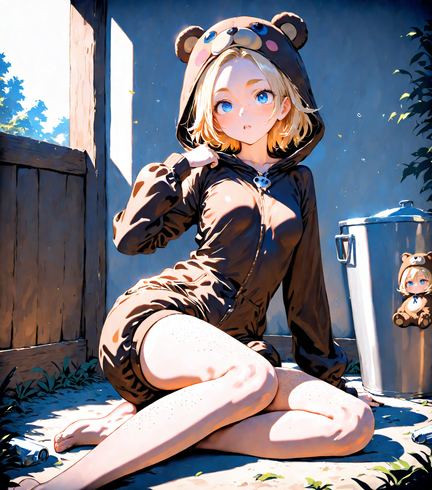 1girl, explicit, crosica_nemo, blue eyes, freckles, blonde hair, cute:2.0
BREAK ((bear costume)), bear onesie, onesie, puffy shorts, hood on head
BREAK concentrated, ((searching in a trash_can)), small farm, outdoor
BREAK trash on the ground, toppled trashcans
BREAK russia, summer, ((detailed background)), perfect body, perfect, romantic lighting, (((detailed))), ((soft shading)), masterpiece, high score, great score, absurdres