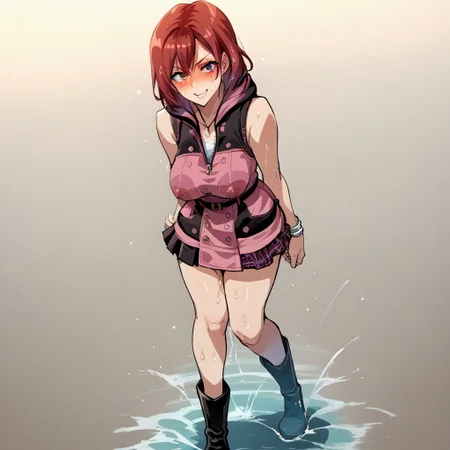 score_9, score_8, score_7_up, source_anime, anime screencap, source_hentai, uncensored, foreshortening, super wide shot, extreme perspective, dynamic view, dynamic angle, portrait, full body view,
BREAK
adult female, mature female, 1girl, 18 years old, red hair, dress, sleeveless, hood, sleeveless dress, bracelet, necklace, pink dress, buttons, hood down, boots, belt, zipper, belt buckle, pleated dress, , seducing viewer, sexy pose, seductive pose, sexually suggestive, undersized clothes, strap slip, clothes falling off, sweat, sweating, very sweaty, covered in water droplets, sweat drip, sweat drop, drenched, wet skin, wet hair, wet body, steaming body, visible air, full-face blush, seductive smile, curvy hips, curvy thighs, hip dips, small breasts, wet clothes, nipples, see-through clothes, wet clothes, wet skin, wet face, 
BREAK
beach, water, ocean, sun, reflection, lush tropical vegetation,