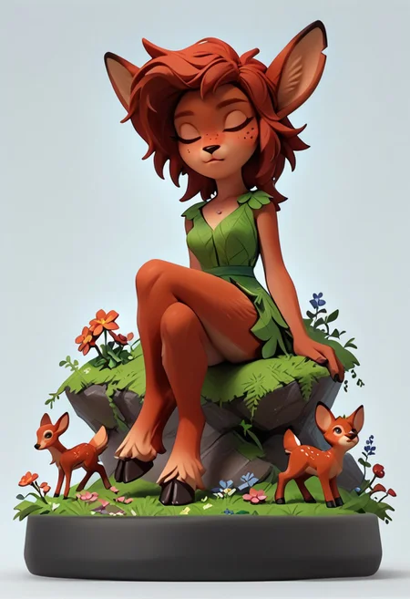 zPDXL3, score_9, score_8_up, score_7_up, 1girl, solo, medium breasts,
green eyes, animal ears, body fur, furry female, dark-skinned female, dark skin, freckles, hooves, red hair, deer tail, faun,
simple background, grass, flowers, sitting, crossed legs, sleeping, closed eyes,
etfawn,
amiibo, figure, full body,