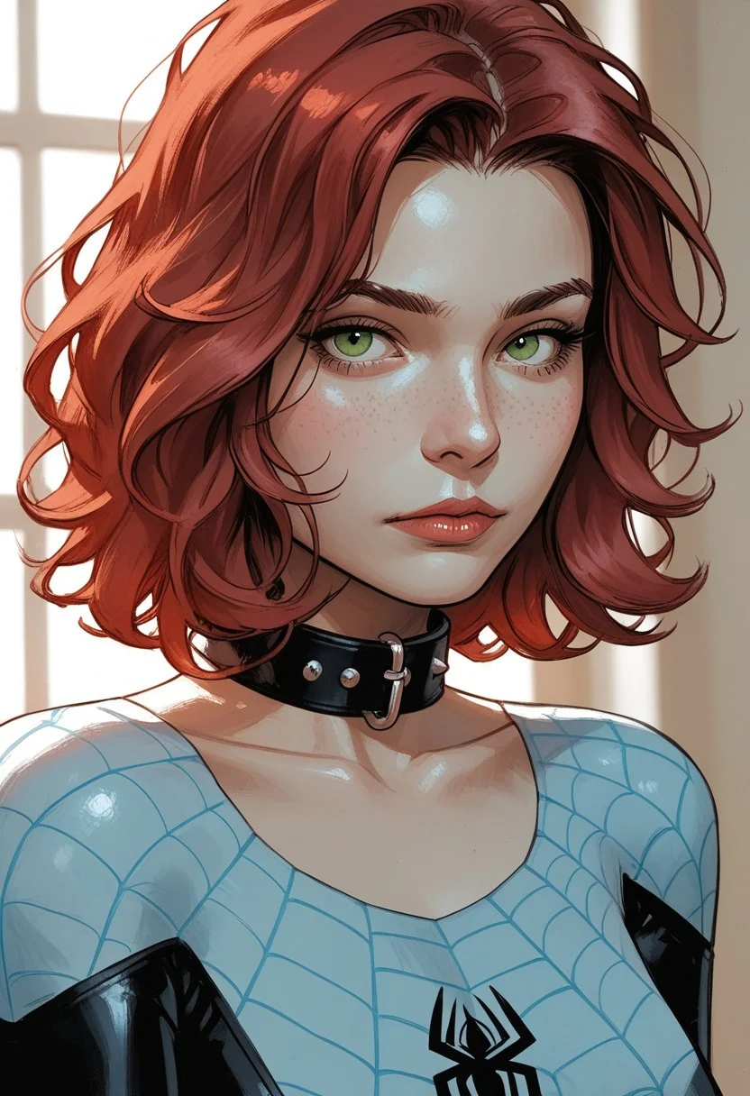 score_9, score_8_up, score_7_up, score_6_up, 1 girl , kawaii girl, freckles, sexy, blushing, petite, slim, soles, portrait, bedroom, detailed drawing, partially illuminated, blurry background, slightly angled view, s1_dram, watercolor \(medium\), traditional media, smooth hair, shiny skin, collar, close up view, ((looking at viewer)), short hair, close view, spiderling, red hair, green eyes, blue costume, bodysuit,