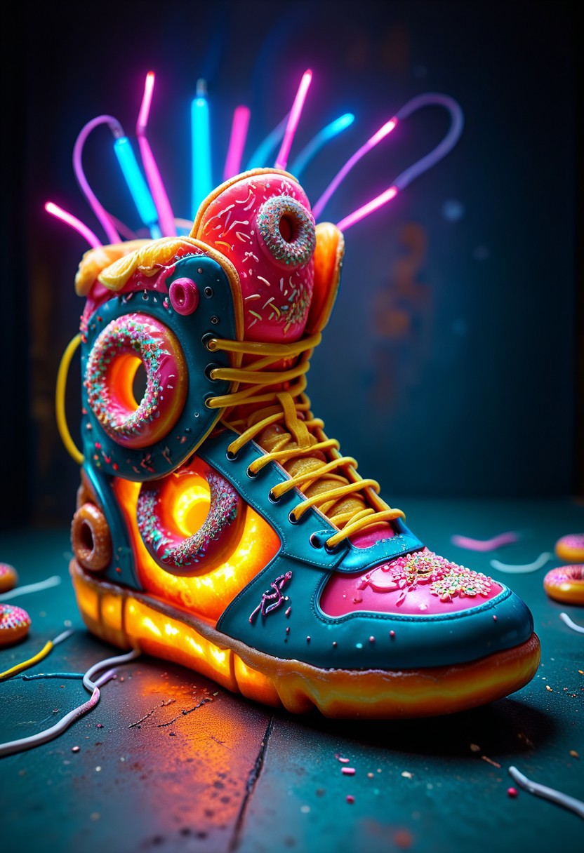 d0nu71f13d, An epic photo of a cyberpunk donut sneaker made of doughnuts, neon color, masterpiece, best quality, highly detailed, sharp focus, dynamic lighting, flux-style, mobe-cybideen
