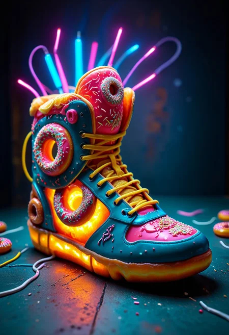 d0nu71f13d, An epic photo of a cyberpunk donut sneaker made of doughnuts, neon color, masterpiece, best quality, highly detailed, sharp focus, dynamic lighting, flux-style, mobe-cybideen