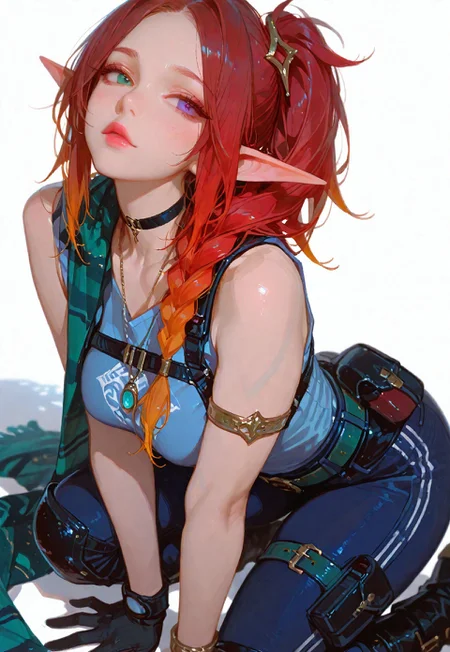 (score_9, score_8_up, score_7_up), white theme, masterwork, masterpiece, best quality, dynamic pose, dynamic angle, (realistic:1.4), (lineless:1.2), detailed, , , aged up, adult, depth of field, blurry, cheekbones, dynamic lighting, high detail, 8k                       girl, kawai girl,Expressiveh, good_hands, best quality,mature woman,           BREAK {very cute, very pretty, a cute slender 21 year old elf girl, strikingly pretty, amazing pretty eyes, perfect body proportions, fantasy allure, pure delight, eyes wide, pretty face, fantasy, hot, blush, sexy, medium breasts, dynamic pinup, gorgeous, stunning, very attractive, perfect eyes, perfect body, slender, (D.Va:0.5),}, BREAK {AliasCODMXL, lipstick, green eyes, brown hair, red hair, multicolored hair, single side ponytail, parted bangs, black choker, medium breasts, harness, blue shirt, sleeves rolled up, single red wristwatch, black gloves, pouch, belt, blue pants, knee pads, black boots, ZoeLoLXL, purple eyes, (blue eye:1.1), heterochromia, orange hair, multicolored hair, gradient hair, long hair, single braid, hair ornament, forehead, green scarf, striped scarf, bare shoulders, necklace, armlet, bracelet, green belt, blue legwear}, BREAK {Dynamic pose, seductive,}, BREAK {Simple white background,},
