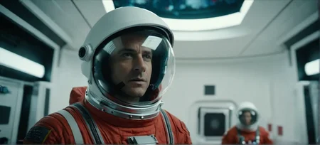 cinematic film still of  Cinematic Film stock footage in (arri alexa style) Kodak film print, a man in a red space suit standing in a white room Cinematic Film Style, shallow depth of field, vignette, highly detailed, high budget, bokeh, cinemascope, moody, epic, gorgeous, film grain, grainy
