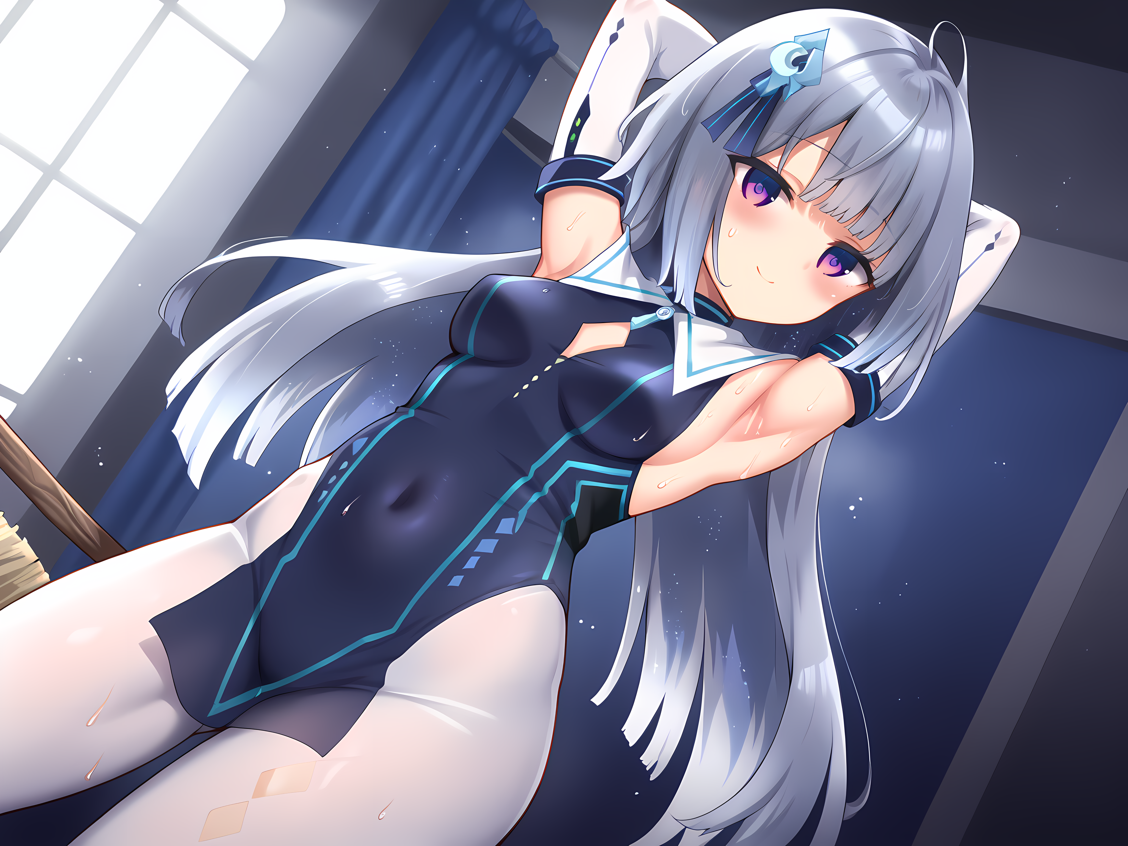 shimo,selenoxia,grey hair,long hair,purple eyes,multicolored eyes,medium breasts,blush,sweat,<lora:Selenoxia_-_Shizuha_-_Shimobashira_Workshop>,jitome, armpits, arms behind head, light smile, indoors, clubroom, pose,, score_9, score_8_up, score_7_up,source_anime,(masterpiece),(best quality),(ultra-detailed),(best illustration),(best shadow),(absurdres),(detailed background),(very aesthetic),source_anime