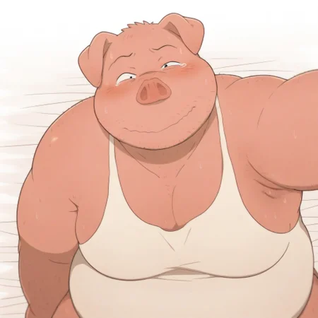 masterpiece, best quality, amazing quality, solo, 1boy,
PigEto, furry male, anthro pig, bara, overweight, stubble, tank top, embarrassed, blush, black eyes, face focus,