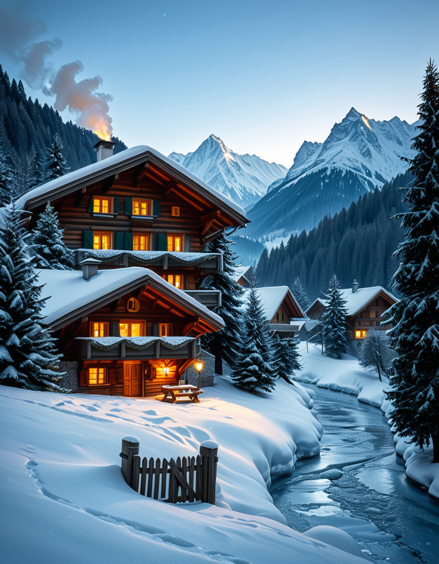 A stunning winter scene in the Tyrol region of Austria. A charming wooden chalet with traditional alpine architecture stands on a gentle snow-covered slope, surrounded by dense evergreen forests blanketed in fresh snow. The chaletâs warm interior lights glow softly through its large windows, creating a cozy contrast against the cool twilight hues of the sky. A plume of smoke drifts from the chimney, hinting at a roaring fireplace inside. In the foreground, a small wooden fence is partially buried under the snow, while a frozen river winds through the valley, reflecting the moonlight. Towering, snow-capped peaks of the Austrian Alps dominate the background, adding a breathtaking sense of grandeur. Snowflakes gently fall, adding movement and depth to the peaceful, picturesque scene. The image is hyper-realistic, capturing the intricate textures of the wood, snow, and ice, with cinematic lighting that highlights the magical winter ambiance.
<lora:SDXLFaeTastic2400:0.4> <lora:extremely_detailed:0.4> extremely detailed,<lora:winter_scene_in_the_Tyr0l:1>,winter scene in the Tyr0l, Masterpiece,best quality,hi res,8k,hi res,8k,award winning,(sharp focus, intricate, highly detailed),