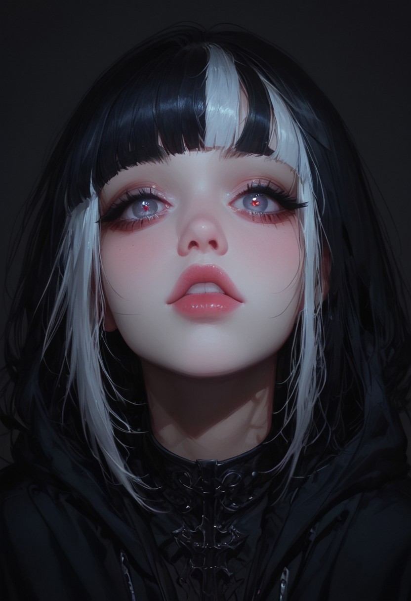 1girl, pitch black skin, shadow girl, face, portrait, looking at viewer,detailed eyes,analogus colors, cute, cute eyes, big eyes, multicolored eyes, eyes, black hair, white bangs, colored bangs, rainbow inner hair, multicolored hair, Curtain Bangs, asymmetrical bangs, very long bangs, hair fall into face, side hair ring, large hair ring, short hair, cheeky,
wearing an oversized hoodie, medium breasts, deep cleavage, 
face focus, front view, upper body view, dynamic angle, 
circle eyes, black background, minimalistic composition, background details, dark shadow, 
masterpiece,best quality,amazing quality,very aesthetic,absurdres,newest