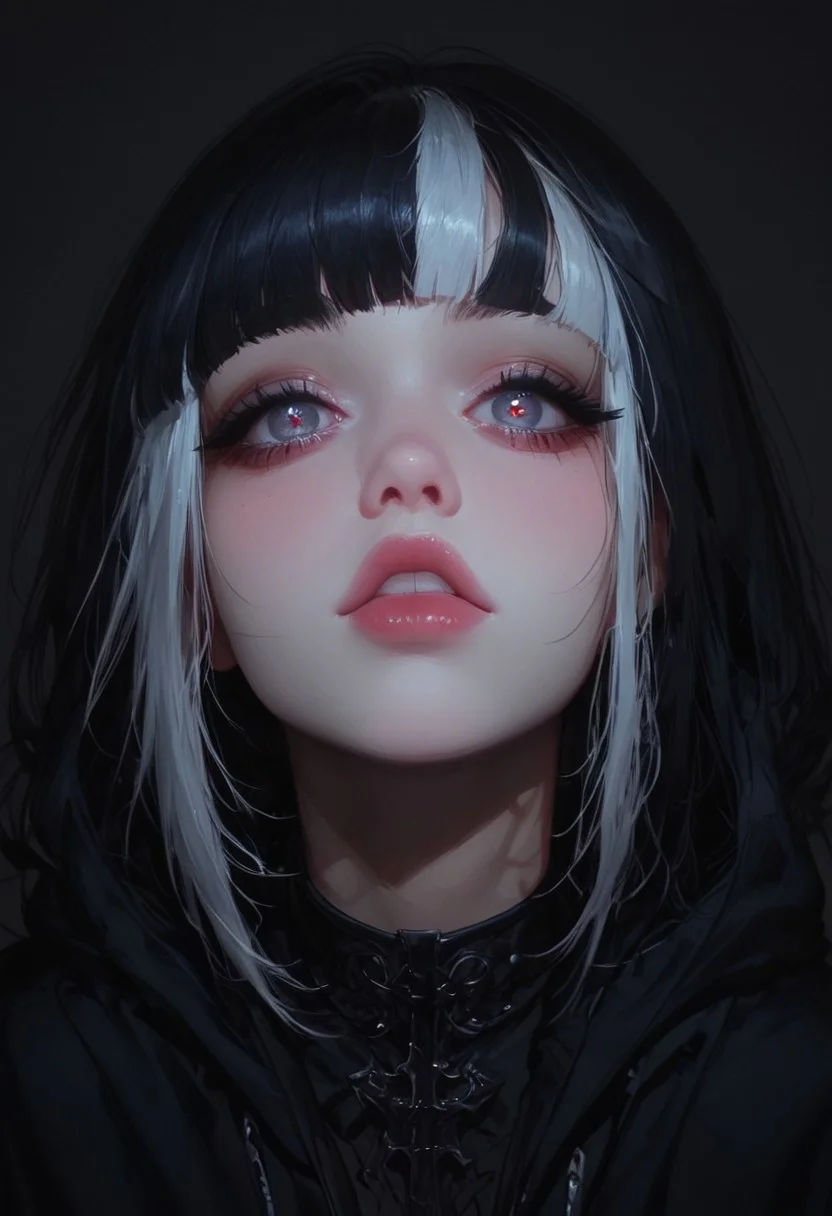 1girl, pitch black skin, shadow girl, face, portrait, looking at viewer,detailed eyes,analogus colors, cute, cute eyes, big eyes, multicolored eyes, eyes, black hair, white bangs, colored bangs, rainbow inner hair, multicolored hair, Curtain Bangs, asymmetrical bangs, very long bangs, hair fall into face, side hair ring, large hair ring, short hair, cheeky,
wearing an oversized hoodie, medium breasts, deep cleavage,
face focus, front view, upper body view, dynamic angle,
circle eyes, black background, minimalistic composition, background details, dark shadow,
masterpiece,best quality,amazing quality,very aesthetic,absurdres,newest