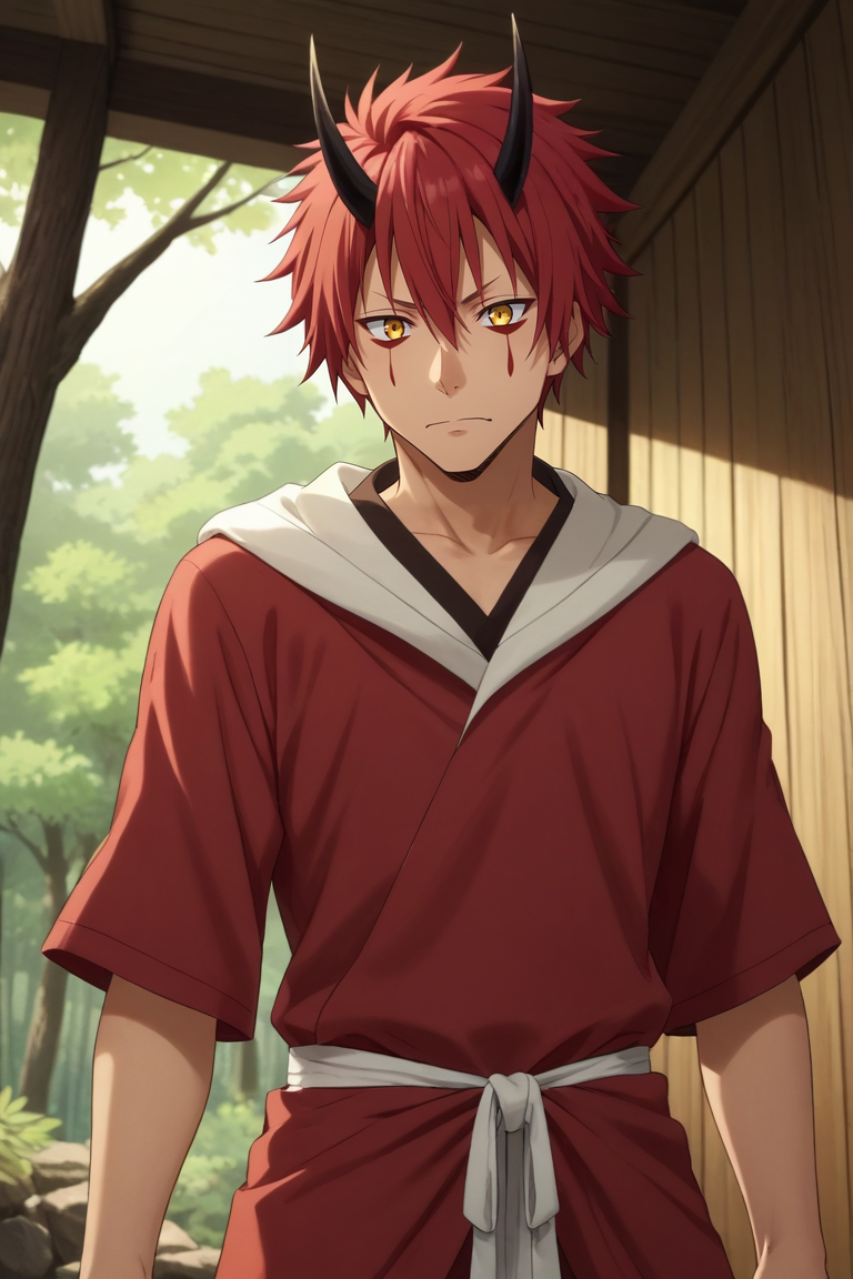 score_9, score_8_up, score_7_up, source_anime, rating_safe, , semi-realistic, looking at viewer, , 1boy, solo, male focus, <lora:benimaru_tensura_pony:0.74>, benimaru_tensura, red hair, yellow eyes, hair between eyes, horns, oni horns, facial mark, from below, cabin, forest, campfire, noon, arm at side, wavy mouth, closed mouth, , <lora:sdxl_lightning_8step_lora:1>