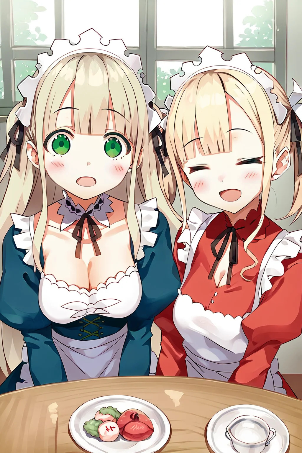 <lora:CURA_pony_V3:0.8>,score_9,score_8,1girl,ellie walker,black ribbon,breasts,2girls,ribbon,multiple girls,cleavage,maid,maid headdress,open mouth,hair ribbon,neck ribbon,>_<,twintails,medium breasts,blonde hair,apron,closed eyes,long sleeves,white apron,long hair,bangs,plate,