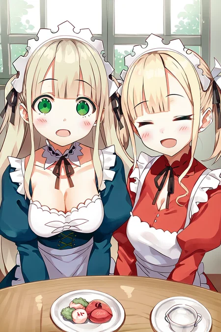 <lora:CURA_pony_V3:0.8>,score_9,score_8,1girl,ellie walker,black ribbon,breasts,2girls,ribbon,multiple girls,cleavage,maid,maid headdress,open mouth,hair ribbon,neck ribbon,>_<,twintails,medium breasts,blonde hair,apron,closed eyes,long sleeves,white apron,long hair,bangs,plate,
