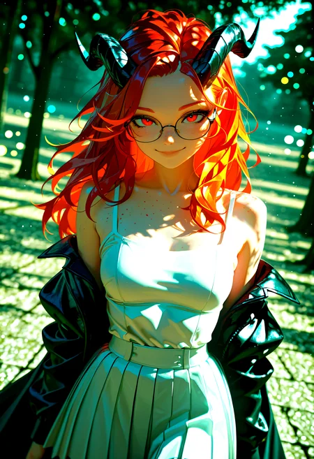 1girl, breasts, solo, long hair, looking at viewer, red eyes, red hair, orange hair, smile, horns, freckles,Rapscallionstyle, detailed, tfaix, 8k, (masterpiece, blurry, bokeh, best quality, film_grain, highly detailed, high-resolution, detailed texture, absurdres, 3D illustration, best quality, amazing quality, very aesthetic, absurdres, newest, scenery, volumetric lighting, HDR, chiaroscuro, vignetting, dutch angle, depth of field))
,white dress, cape, glasses, off shoulder, pleated skirt, close-up, cowboy_shot, abstract_background, day_time, dutch_angle, outdoors,
BREAK, beautiful detailed eyes, detailed skin, detailed hair, dappled light, light particles, dramatic shadows, cinematic lighting, depth of field,,
