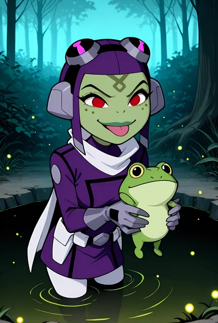 <lora:attea-07:1>, attea, green skin, 1girl, red eyes, goggles, short hair, purple hair, white scarf, purple bodysuit, purple helmet, green lips,white pants, grey gloves, short purple skirt, dynamic pose, expressive face, cartoon, screencap, smile, holding frog, frog plushie, holding pet frog, in swamp, swamp scene, dark trees, foggy, fireflies,  closeup shot, :p, tongue out, derpy,, masterpiece, best quality, amazing quality, very aesthetic, absurdres, newest,