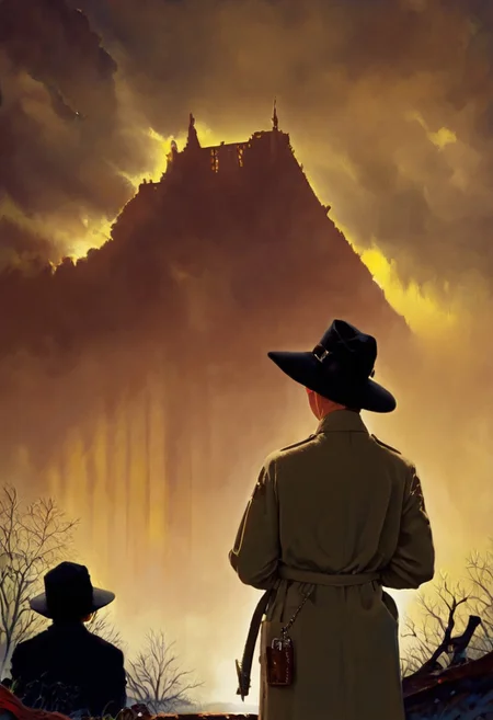 score_9, score_8_up, score_7_up, norman rockwell style, painting study by Norman Rockwell, 1950s style, 1930 clothing style, noir, high detail, cinematic lighting, retro aesthetic, illustration,
<lora:carcosa city style v2:0.9> In an ancient and mysterious world two detectives standing in misterious forest, 2boys, detectives, young, old, suits, trench coats, hats, 1boy, (30 years old, holding gun, Rust Cohle,), 2 boy, (old, holding scotch bottle, Rust Cohle),
BREAK full body shot, in a forest, moon in sky, moonlight beams going through the window,
BREAK detailed, different,( unique:0.9), cinematic, dramatic, concept art, filmic, detailed background, detailed settings, Eerie, unsettling, dark, spooky, suspenseful, grim, highly detailed
BREAK 1950s clothing style, illustration, norman rockwell style, easynegative, Expressiveh, pinup, carcosa city style, true detective style