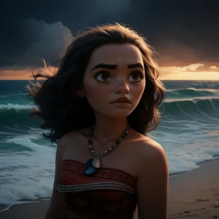 score_9, score_8_up, score_7_up, score_6_up, score_5_up, score_4_up, MoanaM, standing on the beach, stormy weather, dark sky, waves, portrait, necklace