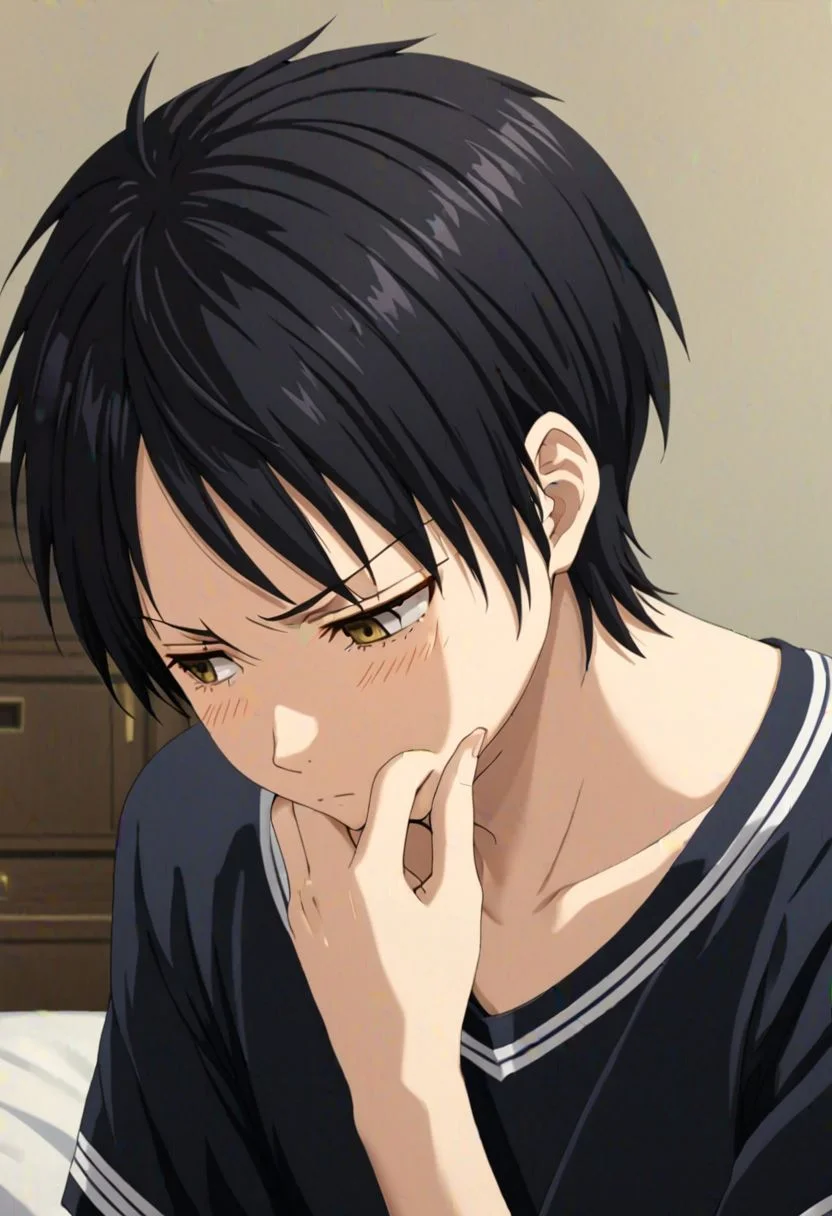 Sasuke Tsubaki, Yellow Eye,  masterpiece, best quality, (1boy), solo, male focus, High definition, Black hair, 4K, sad, looking down