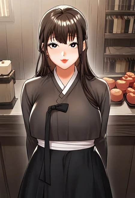score_9, score_8_up, score_7_up, ASCII masterpiece, source_anime, BREAK, 1girl, solo, (( <lora:older_sister_(sponsor_me_please):1> , older_sister_(sponsor_me_please), thin waist, wide hips, beautiful skin, piercing dark brown eyes, clear eyes, bright pupils, beautiful eyes, beautiful dark brown hair, beautiful long hair, bangs, huge and shaggy breasts, natural beauty, extraordinary beautiful woman, attractive woman, super sexy woman, lustful body, sexy woman with seductive obscene body, sensual body, voluptuous body, sexy beauty, no piercings, no piercing, )) , makeup, ((traditional korean hanbok dress, black jeogori top with black goreum clothing tape, beautiful black chima skirt, )) , indoors, shiny clothes, shiny skin, fantasy tavern, fantasy tavern nightclub, classy decorations, cowboy shot, from above, looking at viewer, hands behind back, (detailed face, detailed eyes), delicate features, soft lighting, seducative smile, cute and sexy, very detailed, high detailed texture, uncensored, rare view,