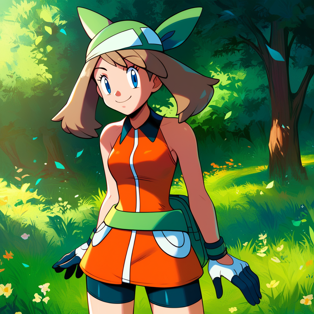 zPDXL2, score_9_up, score_8_up, score_7_up, detailed background, source_anime, grass, trees, 1girl, solo, may_\(pokemon emerald)\, brown hair, twintails, blue eyes, bandana, gloves, green bandana, orange jacket, green fanny pack, bare shoulders, bike shorts,  smile, looking at viewer, standing, cowboy shot, arms at sides, <lora:PDXL_Mayerald_PKMN:1>