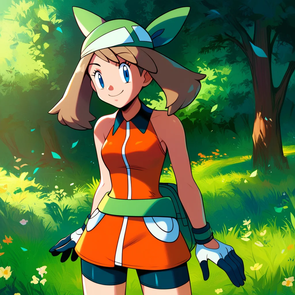 zPDXL2, score_9_up, score_8_up, score_7_up, detailed background, source_anime, grass, trees, 1girl, solo, may_\(pokemon emerald)\, brown hair, twintails, blue eyes, bandana, gloves, green bandana, orange jacket, green fanny pack, bare shoulders, bike shorts, smile, looking at viewer, standing, cowboy shot, arms at sides, <lora:PDXL_Mayerald_PKMN:1>