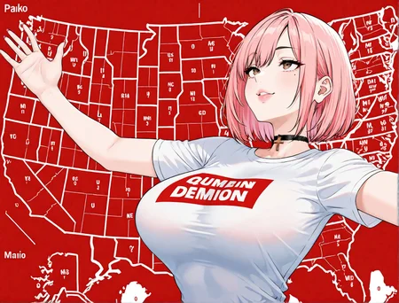 masterpiece,best quality,amazing quality,very aesthetic,absurdres,newest, huge filesize,
<lora:spo_sdxl_10ep_4k-data_lora_webui:0.5>,
map, united states, outstretched arms, upper body, red background, white background, english text, <lora:JebWinsMeme_illusXL_Incrs_v1:1>, looking up, seductive smile,
<lora:Hiroya_Oku_Style_Pony_XL-000021:0.35>
short sleeves,
1girl, papiko, breasts, mole, cross, shirt, large breasts, lips, brown eyes, nail polish, clothes writing USA, pink nail, pink hair, tight shirt,
<lora:Chiho_Johansson_Papiko_-_Gigant_Hiroya_Oku-000019:1>