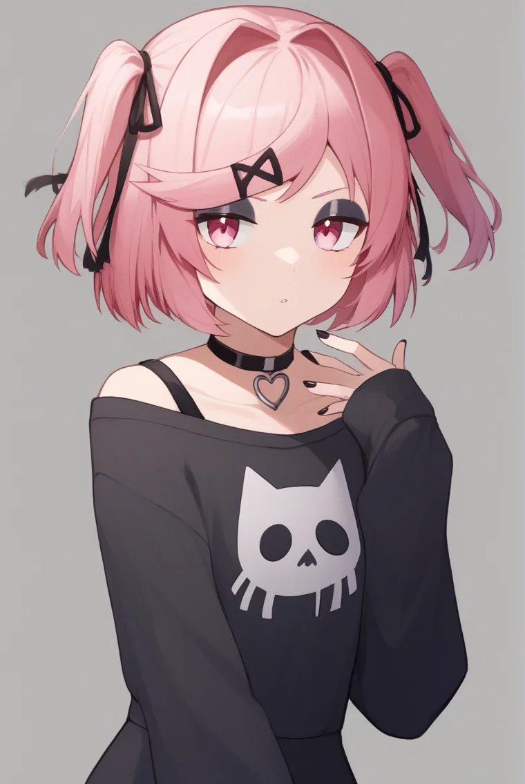 score_9, score_8_up, score_7_up,1girl,solo female, epic photograpy, extremely detailed, high quality, absurd res, high res, BREAK
 <lora:Gothsuki:1> gothsuki, 1girl, pink hair, hair ornament, two side up, pink eyes, solo, bangs, hairclip, short hair, ribbon, choker, black nails, black choker, nail polish
