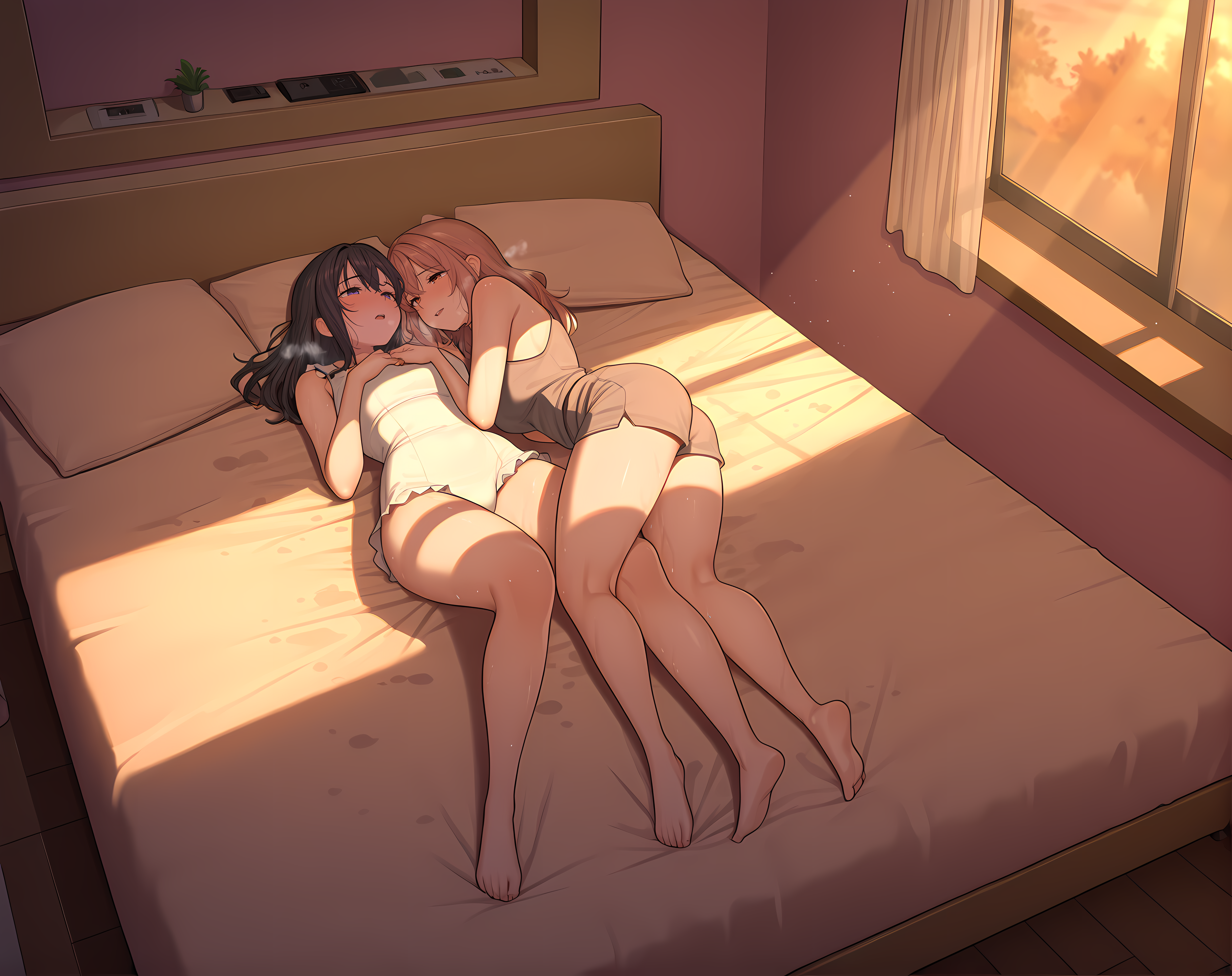 <lora:fixed_point_v2>,fixedpoint,ceilingview,evening,bedroom,1girl,on bed,2girls,yuri,heavy breathing,steaming body,evening,light rays,dappled sunlight,, masterpiece,best quality,amazing quality, very aesthetic, absurdres,detailed eyes,ultra-detailed,
