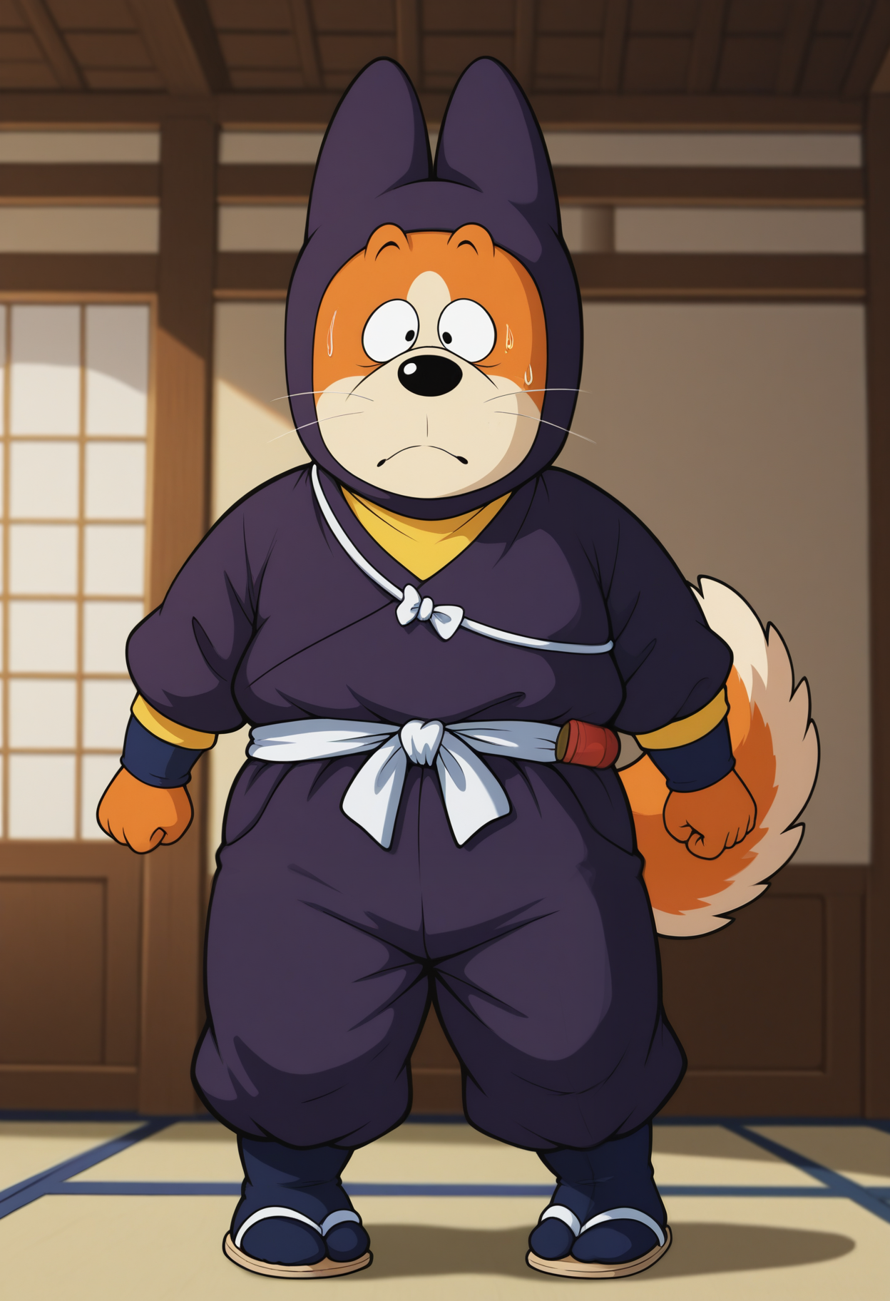 masterpiece,best quality,amazing quality, 1boy, solo, shuDBS, dog boy, black eyes, orange fur, face mask, ninja outfit, waist sash, shoulder sash, yellow shirt, ninja tabi, open toed sandals, tail, full body, indoors, east asian architecture, 