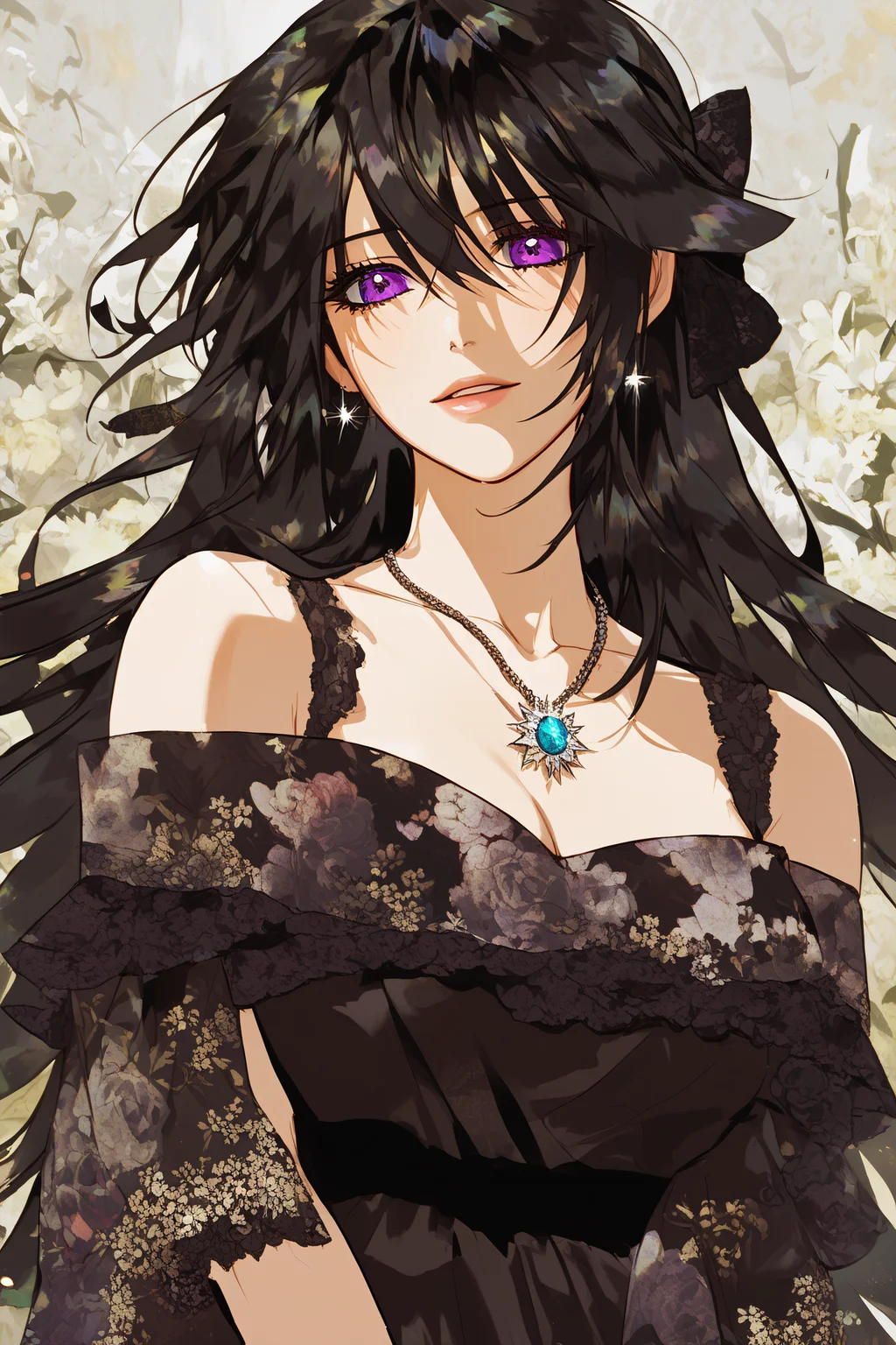 score_9, score_8_up, score_7_up, BREAK source_anime, <lora:Rainelle-PonyXL-lora-Faxtron:1> rainelle, purple eyes, black hair, long hair, shiny hair, medium breasts, necklace, black dress, bare shoulders, floral print, collarbone,