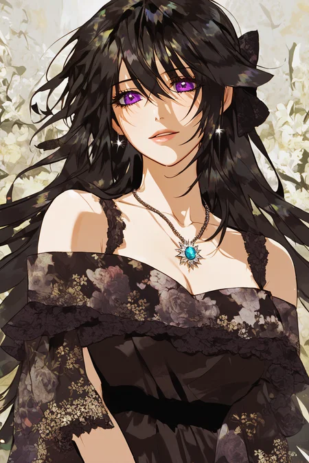 score_9, score_8_up, score_7_up, BREAK source_anime, <lora:Rainelle-PonyXL-lora-Faxtron:1> rainelle, purple eyes, black hair, long hair, shiny hair, medium breasts, necklace, black dress, bare shoulders, floral print, collarbone,