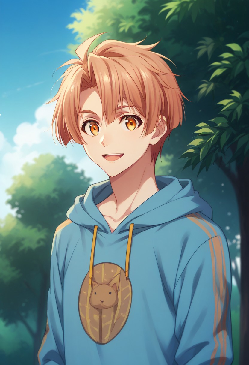 score_9, score_8_up, score_7_up, source_anime, highly detailed, 
mitsuki, 1boy, male focus, hood, hoodie, solo, looking at viewer, orange eyes, yellow eyes, pants, animal print, orange hair, upper body,
outdoor, sky, tree, smile, open mouth,