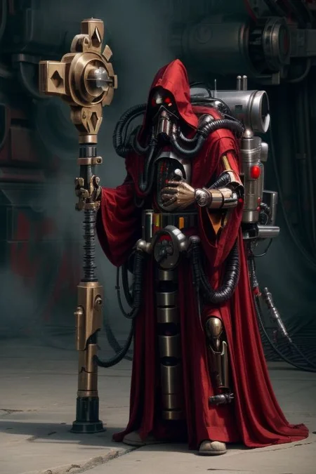 ((masterpiece,best quality)), absurdres, BREAK
mechanical arms, robes, hood, BREAK
((techpriest)), cyborg, mechanical face, mechanical limbs, gas mask, mechanical tentacles, (mechanical backpack), red cloak, BREAK
1other, solo, holding gun, weapon, gun, firearm, BREAK
(star wars),