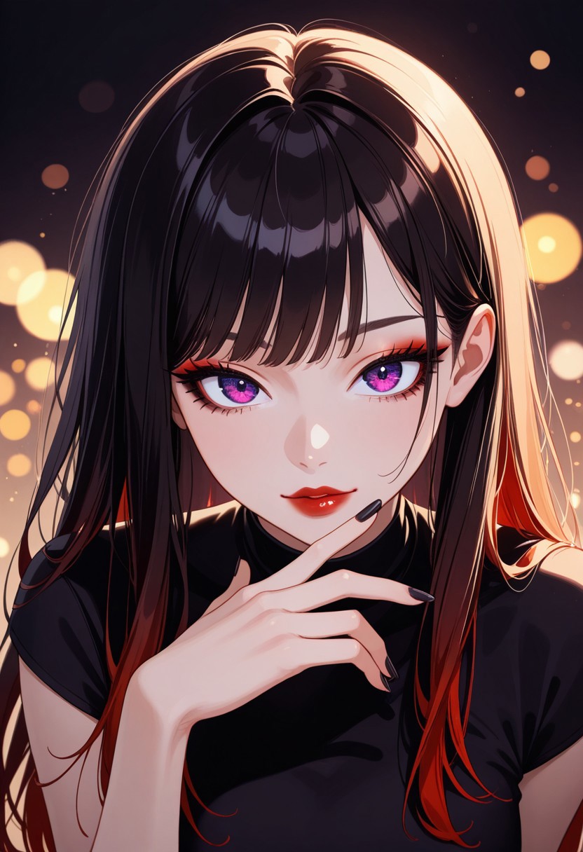 magnificent, dark background, a captivating asian goth woman, long hair, direct gaze, black crop top, hotpants, dark eyeshadow, black fingernails, red lips, vibrant, dynamic, gradient colour background, bokeh