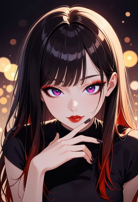 magnificent, dark background, a captivating asian goth woman, long hair, direct gaze, black crop top, hotpants, dark eyeshadow, black fingernails, red lips, vibrant, dynamic, gradient colour background, bokeh