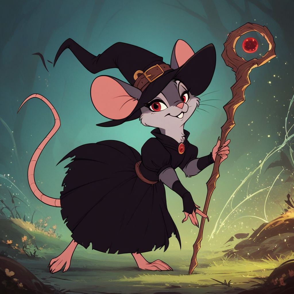 score_9, score_8_up, score_8, solo, (fluffy:0.8), (feral), furry, (((mouse))), female, claws, (fluffy cheeks:0.7), (black dress, quarterstaff), (solo:2), j_cartoon, dark grey fur, red eyes, (black ears), (witch hat:1.2), magic