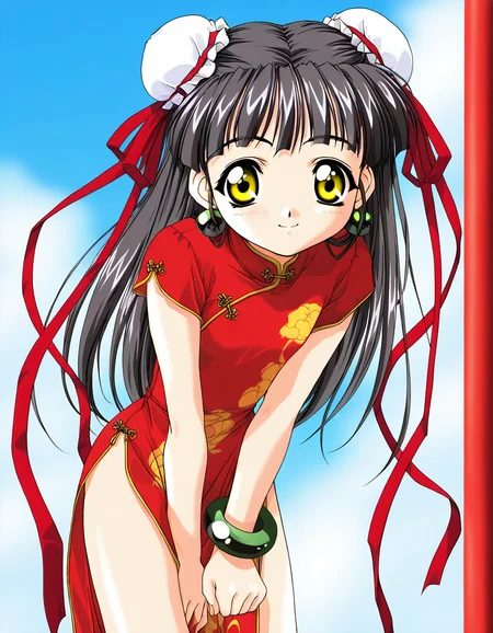 masterpiece, best quality, good quality, <lora:Kounyan_Spiral_NAMI_IS:1>Kounyan, black hair, long hair, double bun, hair bun, bun cover, yellow eyes, ribbon, earrings, flat chest, green jewelry, 2000s \(style\),anime coloring, short stack,
1girl, solo, chinese clothes, china dress, red dress, smile, paw pose,
bracelet, short hair, v arms,
blue sky,