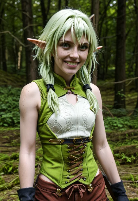 score_9, score_8_up, score_7_up, 1girl, solo, High_Elf_Archer_(Goblin_Slayer!), [[[[eye focus]]]], [multiple moles], [body freckles], skinny, long hair, green eyes, [[[bow, hair bow, black bow]]], (low-tied sidelocks), (long sidelocks), (short hair with long sidelocks), (hair over shoulder), (low twintails), (low ponytail), long hair, green hair, pointy ears, elf, (hair intakes), pointy hair, hair flaps,
BREAK,
[[[green corset]]], [leather vest], [[[white shirt, green shirt, two-tone shirt]]], [[[[white armor, leather armor, breastplate]]]], [chest guard], sleeveless, brown shorts, ((single elbow glove)), (uneven gloves), (elbow gloves), [[gloves]], [[[asymmetrical gloves]]], single detached sleeve, grin, holding bow \(weapon\),
BREAK,
[[[Outdoors, forest, bokeh]]]