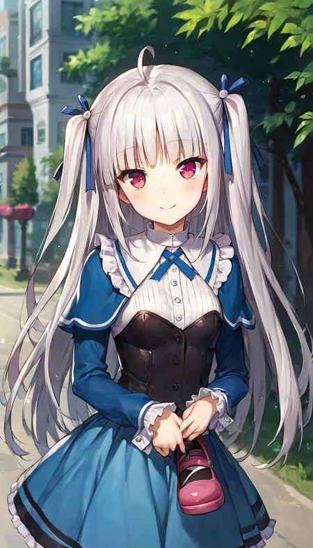 score_9,score_8_up,score_7_up,score_6_up BREAK official art,solo,outdoors,upper body,(portrait:1.5),looking at viewer,facing viewer,smile,blush,Julie Sigtuna,ahoge,very long hair,grey hair,black hair ribbon,two side up,sidelocks,blunt bangs,fuchsia eyes,blue capelet,neck ribbon,blue ribbon,white shirt,long sleeves,buttons,small breasts,blue skirt,pleated skirt,frills,black thighhighs,zettai ryouiki,mary janes,black footwear,<lora:Julie Sigtuna(ad)-Pony:1.3>,
