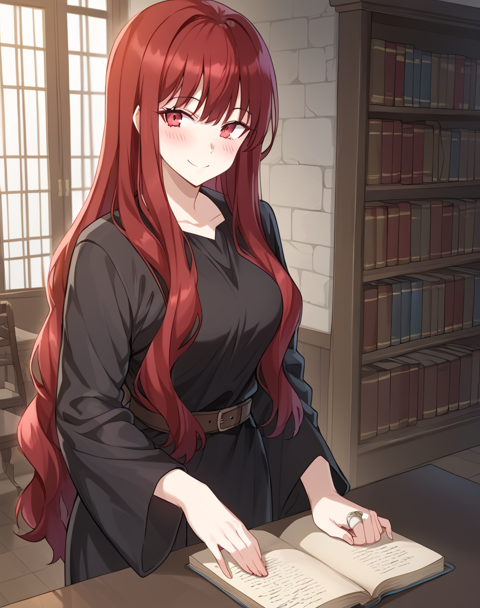 eleris_manhwa, red hair, long hair, red eyes, black robe BREAK indoors, medieval interior, library BREAK scroll on hand, smile, blush, looking at viewer, cowboy shot BREAK score_9, score_8_up, score_7_up, source_anime ,zPDXL,<lora:Eleris:0.8>