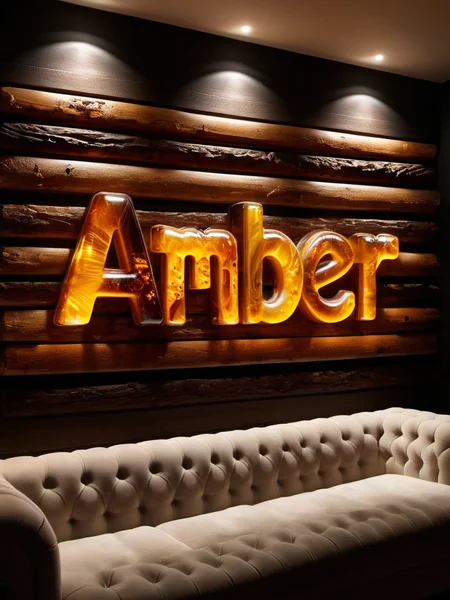 "AMBER" text logo <lora:Harrlogos_v2.0:1> meahophontron made of ral-amber <lora:ral-amber-sdxl:0.65> led light mounted on wall with backlight on dark wallnut wood background in cozy living room filled with cozy fur interrior in white and black design from a crazy lady which is like 800 years old