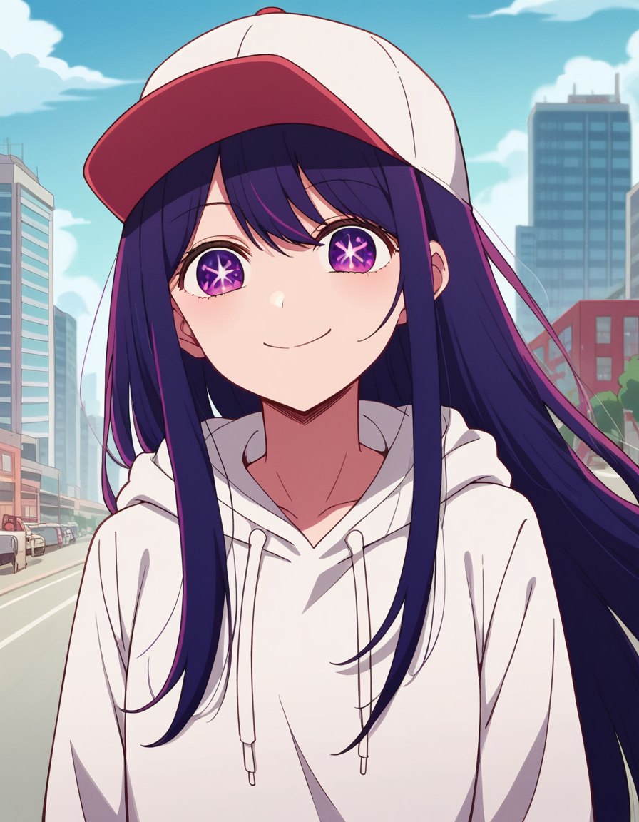 score_9, score_8_up, score_7_up, source_anime,
aihoshino, <lora:ai-hoshino-s1-ponyxl-lora-nochekaiser:1>,
ai hoshino, long hair, bangs, purple eyes, purple hair, symbol-shaped pupils,
hood, hoodie, hood down, long sleeves, white hoodie, hat, baseball cap,
cityscape, street, smile,
looking at viewer, cowboy shot, dutch angle, solo,