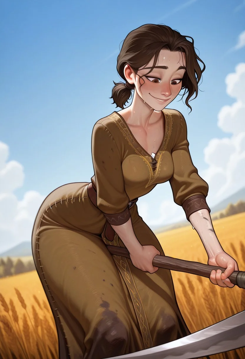 masterpiece, best quality, amazing quality,
artist: melkor, artist: incase, fair skin, slim, medium perky breasts, chromatic aberration, blurred background, dimmed background, alluring, pose,
detailed character, detailed face, detailed skin, detailed hair, green linen medieval peasant dress, brown belt, brown stitching,
1girl, beautiful 18 year old russian czech stepmom, perfect face, brunette hair, short ponytail, hazel eyes, thick thighs, dynamic angle, sweaty, hair tucked behind her ear, medieval, field of wheat, blue skies, white clouds, hot sunny day,
Holding a medieval scythe, working the fields, looking down, bent over, smiling, sweating, mud, grime, dirty, tired, messy hair
