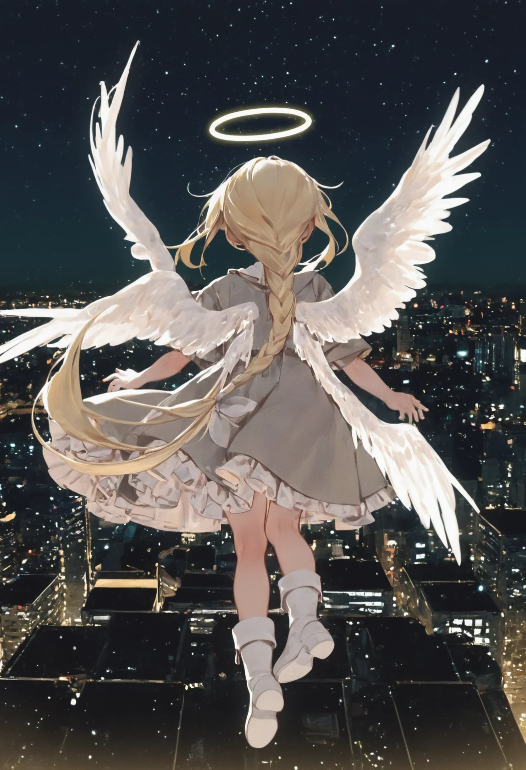 ,,1girl, solo, long hair, blonde hair, dress, very long hair, full body, braid, short sleeves, frills, boots, wings, sky, white dress, from behind, halo, single braid, night, white footwear, frilled dress, star \(sky\), feathered wings, night sky, floating, angel wings, flying, braided ponytail, white wings, city, facing away, angel, cityscape, grey dress, city lights, spread wings, skyline,,,masterpiece,best quality,newest,absurdres,highres,very awa <lora:None:1.0> <lora:VillainChin_Style:0.9500000000000002>