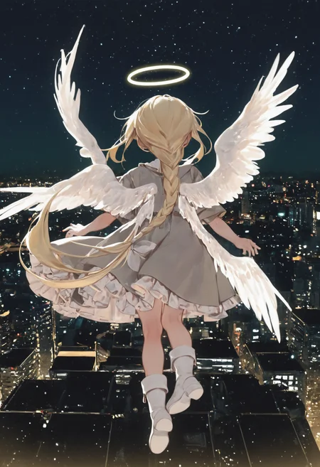 ,,1girl, solo, long hair, blonde hair, dress, very long hair, full body, braid, short sleeves, frills, boots, wings, sky, white dress, from behind, halo, single braid, night, white footwear, frilled dress, star \(sky\), feathered wings, night sky, floating, angel wings, flying, braided ponytail, white wings, city, facing away, angel, cityscape, grey dress, city lights, spread wings, skyline,,,masterpiece,best quality,newest,absurdres,highres,very awa <lora:None:1.0> <lora:VillainChin_Style:0.9500000000000002>