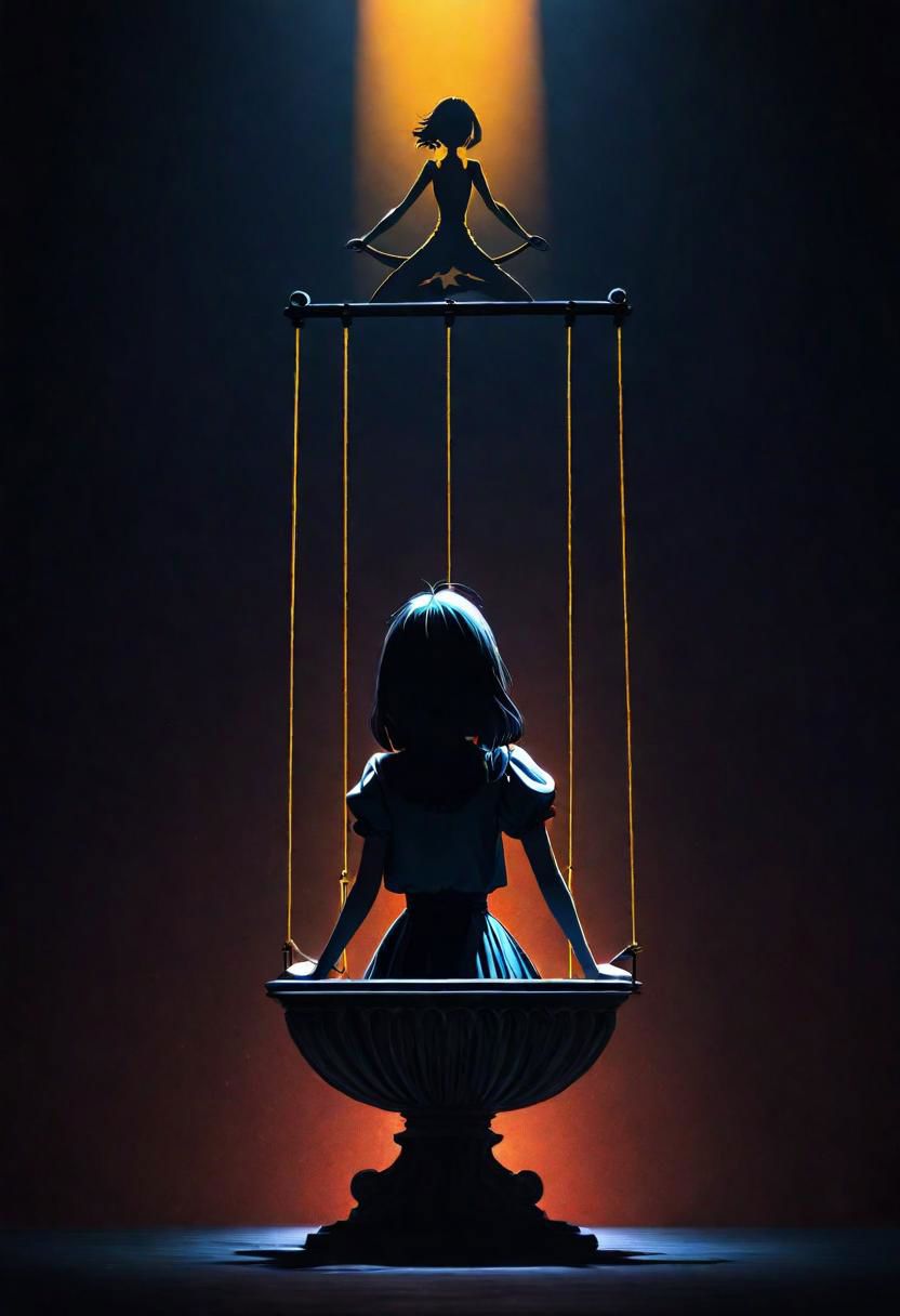 Generate an illustration of an anime puppeteer manipulating shadows and strings, symbolizing the art of puppeteer moves in dark psychology. The figure should have a mysterious aura., poster, typography, vibrant, cinematic, photo, 3d render